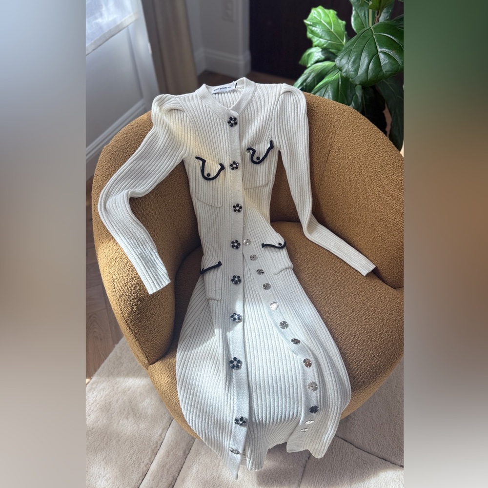 Self-Portrait Cream Ribbed Long-Sleeve Button-Down Dress with Black Trim